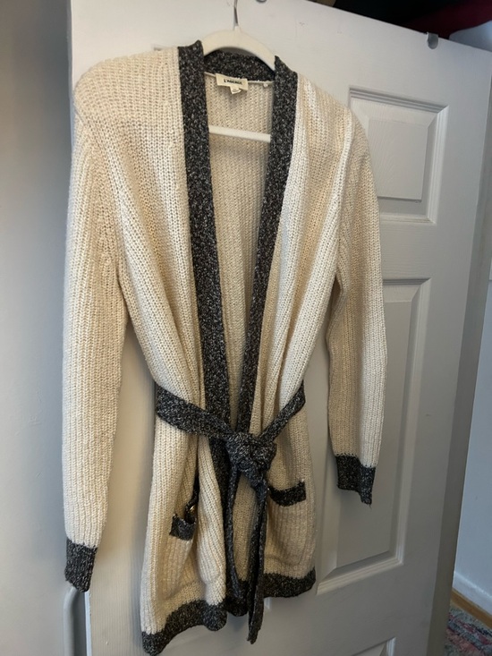 L'AGENCE Sweaters - L'AGENCE Cream Cardigan with Charcoal Trim and Tie Belt